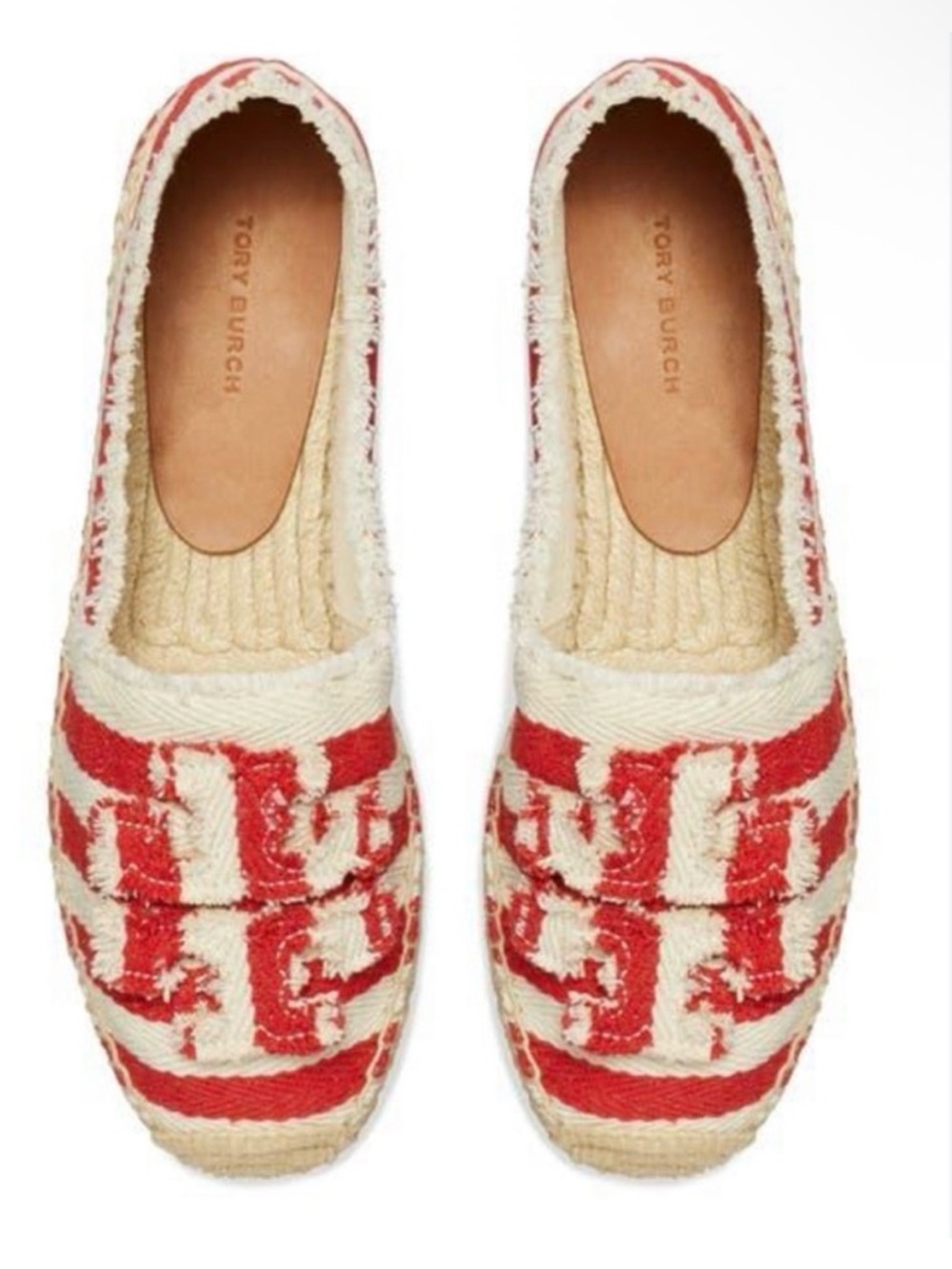 Tory Burch Stripe Red White Logo Woven Jute Espadrilles Fray Shoes Size 8.5